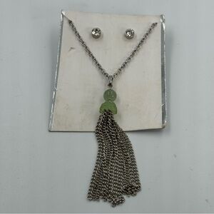 Silver Tone Tassel Necklace with Faux Jade Beads and Sparkly Stud Earrings New